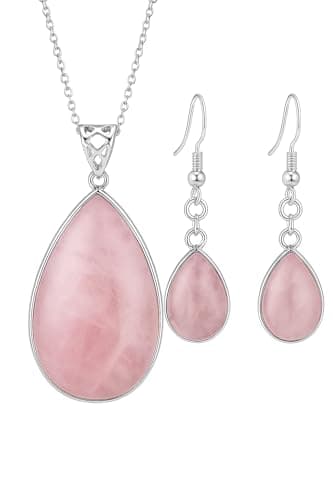Ladies Matching Jewellery Set for Women Pink Rose Quartz Stone, Necklace Pendant & Drop Earrings & Jewellery Gift Box (Rose Quartz)