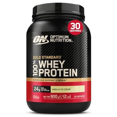 Optimum Nutrition Gold Standard 100% Whey Muscle Building and Recovery Protein Powder With Naturally Occurring Glutamine and BCAA Amino Acids, Vanilla Ice Cream Flavour, 30 Servings, 900 g