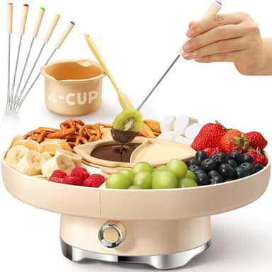 LUSHYUM Electric Chocolate Fondue Pot Set, 950 ml / 4 Cup Fondue Machine with 4 Trays, 5 Forks & Spatula, Cheese Warmer Dessert Fondue Gift Set for Couples, Families, Date Nights & Housewarming