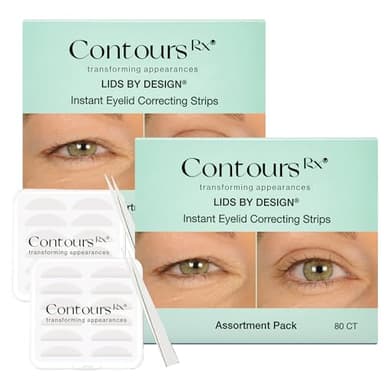Contours Rx Lids by Design Eyelid Lift Strips with Travel Case and Tweezers - Invisible Eyelid Tape for Hooded Eyes - a Youthful-Looking Appearance - 2 Pack - 160 CT (Assortment Pack (4-7mm))