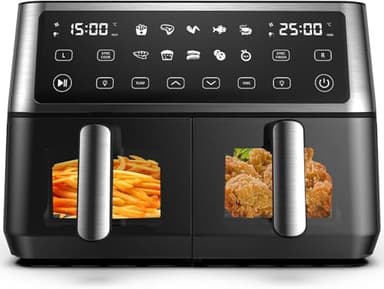 10L Dual Air Fryer, 2 Drawers,10-In-1 Cooking Presets, Sync Cook & Finish, Smart Touch Screen, with Visual Window, Timer Function, Uses No Oil& Max Crisp, 50℃ to 200℃, 1-24H, Dishwasher Safe
