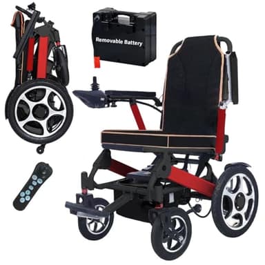 Rexhan Foldable Electric Wheelchair, Folding Power Chair, 20 KM Removable Lithium Battery, 2 X 200W Brushless Motor, 19 KG Lightweight, Remote Control, Aluminium Frame, Electromagnetic Brakes, Red