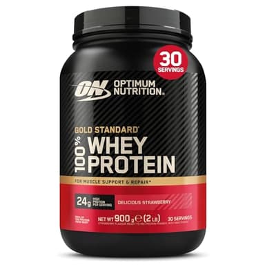 Optimum Nutrition Gold Standard 100% Whey Muscle Building and Recovery Protein Powder With Naturally Occurring Glutamine and BCAA Amino Acids, Delicious Strawberry Flavour, 30 Servings, 900 g