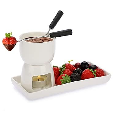 BSTKEY Ceramic Mini Chocolate Cheese Fondue Pot Set, 150ml White Tea Light Candle Warmer Fondue Set with 2 Forks and 1 Rectangle Dish for Ice Cream Butter