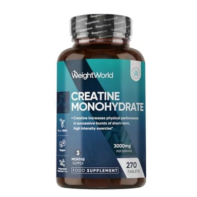 Creatine Monohydrate 3000mg - 270 Vegan Tablets - 3 Months Supply - Micronised for Easy Absorption - Creatine Monohydrate Powder Tablets for Men & Women - Unflavoured, Keto-Friendly & GMP-Approved