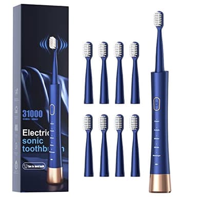 IPX7 Waterproof Sonicare Electric Toothbrush, 2-Hour Fast Charge with Intelligent Time Reminder, 5 Modes, 8 Brush Heads, Travel, Indoor, Outdoor, Blue