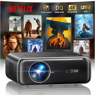 【Netflix Included/Dolby Audio】Smart 4K Projector,1200ANSI FHD 1080P Portable Projector,HDR10 Short Throw Auto Focus/Keystone WiFi6 Bluetooth 50% Zoom Home Cinema Projectors for Bedroom,Outdoor,Gifts