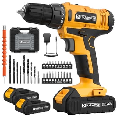 FADAKWALT 20V Cordless Drill, 2 Batteries Electric Screwdriver with case, 21+1 Torque, 2 Speed,30Nm Power Drill Driver, 3/8" Keyless Chuck, with LED Light, Drill Driver Kit for Home