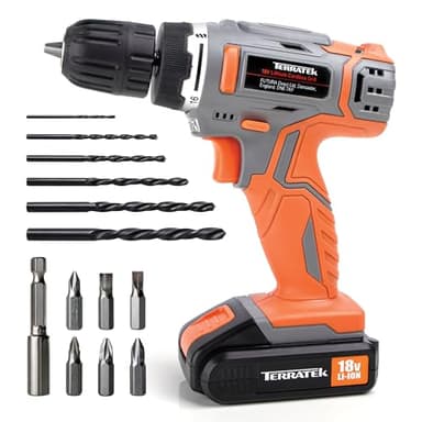 Terratek Cordless Drill Driver 18V Lithium-Ion, 13Pc Electric Screwdriver Set, LED Work Light, Electric Drill Quick Change Power Drill Battery and Charger Included