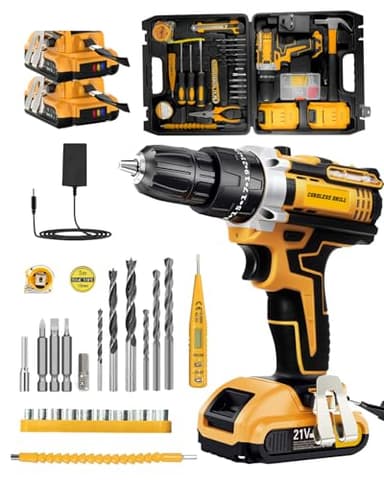 Maxesla 99PCS Cordless Drill Set 21V, 25+3 Torque Combi Drill with 2.0AH Battery, 42N.m Max Electric Screwdriver Kit, 2 Variable Speed, LED Work Light, Home and Garden DIY Project Kit