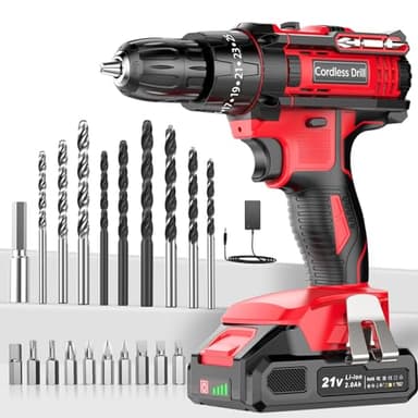 Cordless Drill Driver 21V, Cordless Hammer Drill with Battery 2000mAh, 25+3 Torque, 42N.m Max, 22PCS Accessories, 2 Speed, LED Light